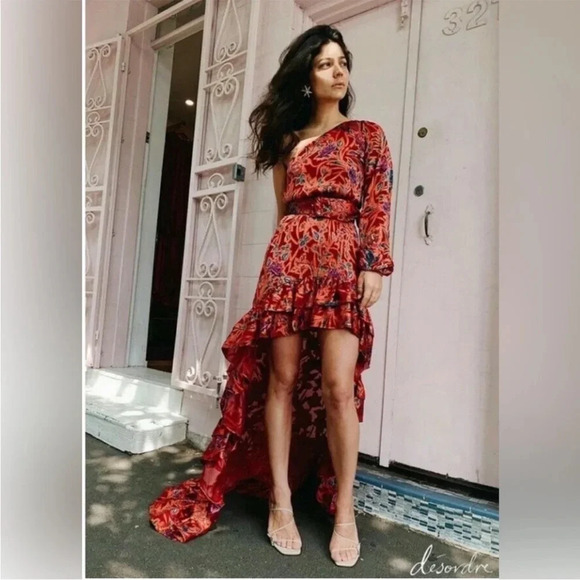 Alexis Marseille Floral Red Gown Maxi Dress One Shoulder High-Low Ruffle size M - Picture 11 of 11